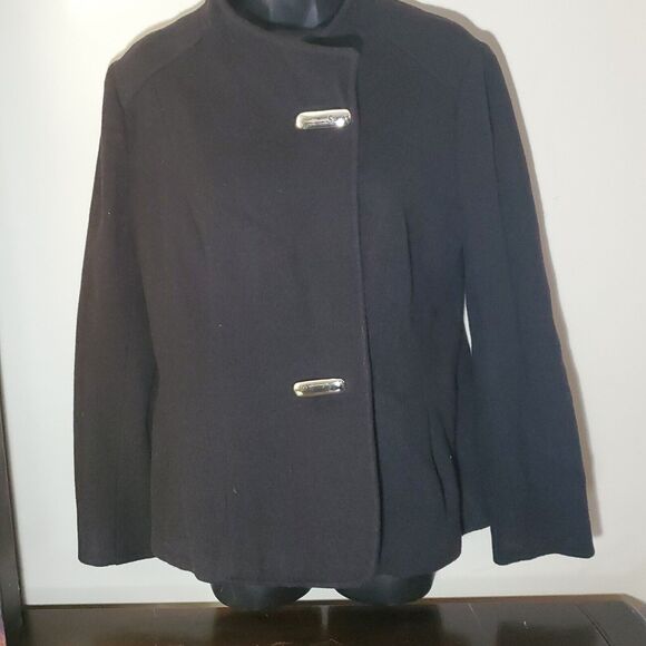 Vtg Wool Blazer Jacket Coat Union Made Black 2 Button Short Academia M/L SEE - Picture 1 of 14